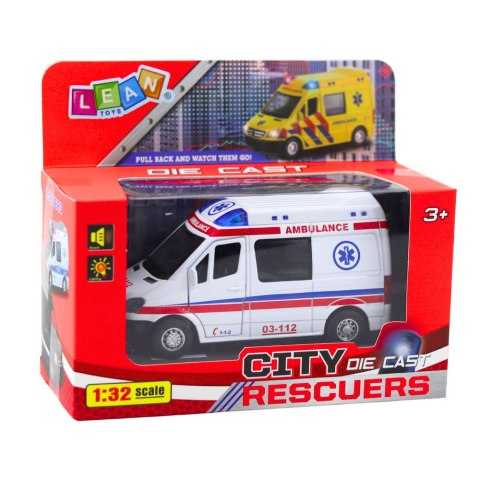 Karetka Ambulans Metalowy Z Napędem Pull Back Światła Dźwięki Biały 1:32