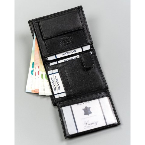Pionowy, czarny portfel męski ze skóry naturalnej z systemem RFID bez zapięcia zewnętrznego - 4U Cavaldi