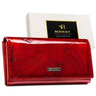 Czerwony portfel damski na karty skóra naturalna i ekologiczna klasyczny duży na zatrzask i bigiel RFID STOP - Rovicky