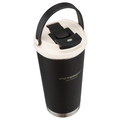 Czarny, praktyczny kubek termiczny ze stali nierdzewnej z praktycznym uchwytem, pojemność 560ml - Peterson