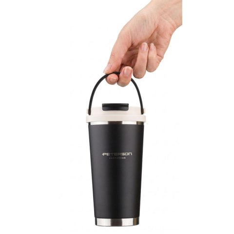 Czarny, praktyczny kubek termiczny ze stali nierdzewnej z praktycznym uchwytem, pojemność 560ml - Peterson