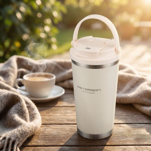 Praktyczny kubek termiczny ze stali nierdzewnej w kolorze ecru z praktycznym uchwytem, pojemność 560ml - Peterson