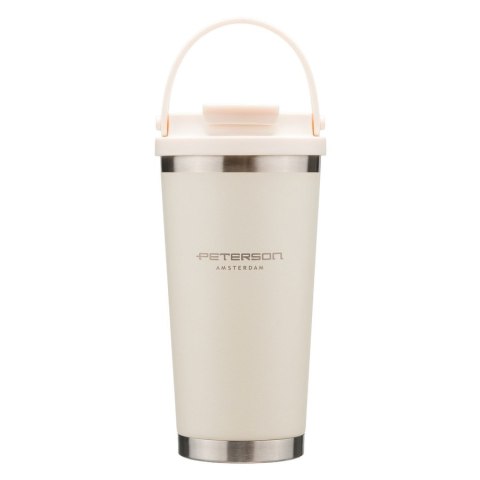 Praktyczny kubek termiczny ze stali nierdzewnej w kolorze ecru z praktycznym uchwytem, pojemność 560ml - Peterson