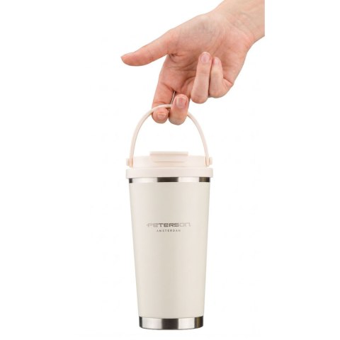 Praktyczny kubek termiczny ze stali nierdzewnej w kolorze ecru z praktycznym uchwytem, pojemność 560ml - Peterson