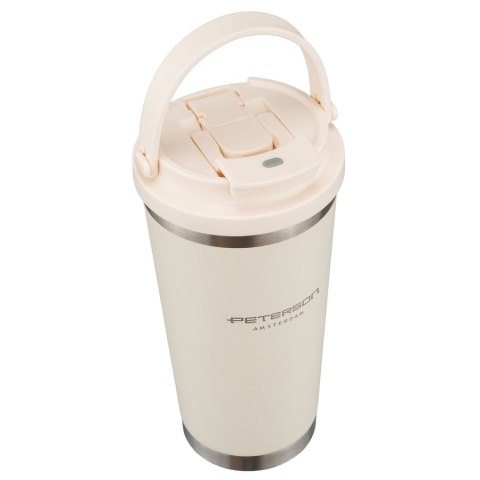 Praktyczny kubek termiczny ze stali nierdzewnej w kolorze ecru z praktycznym uchwytem, pojemność 560ml - Peterson
