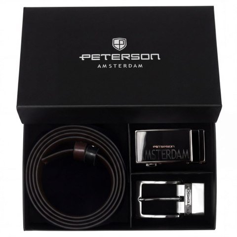 Elegancki pasek męski ze skóry naturalnej w brązowym i czarnym kolorze w zestawie z dwiema, wymiennymi klamrami - Peterson