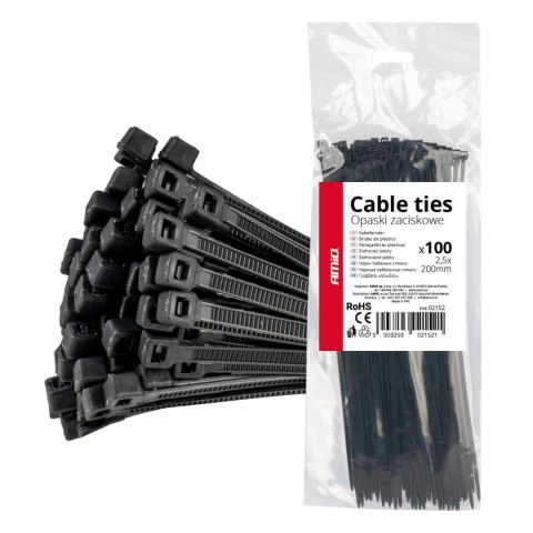 Taśmy opaski zaciskowe kablowe czarne 2,5x200mm - 100 szt. amio-02152