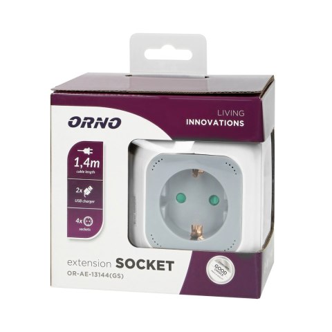 Przedłużacz 4 krotny 2P+Z (Schuko), ładowarka 2xUSB, 1,4m H05VV-F 3x1,5mm-, szaro-biały
