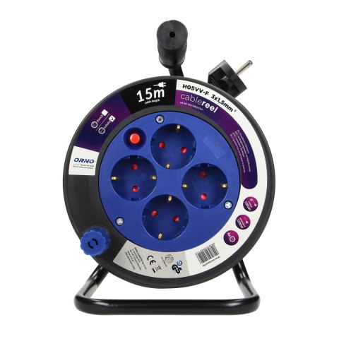 Przedłużacz bębnowy MINI, 4 gniazda 2P+Z (schuko), metalowy stojak, polwinit H05VV-F 3x1.5mm- - 15m
