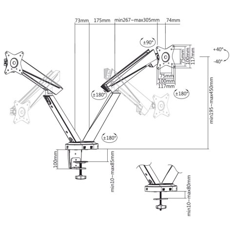 Uchwyt gamingowy na 2 monitory LCD NanoRS, 17-32", 2x 8kg (max 16kg) , vesa 75x75 oraz 100x100, RS887