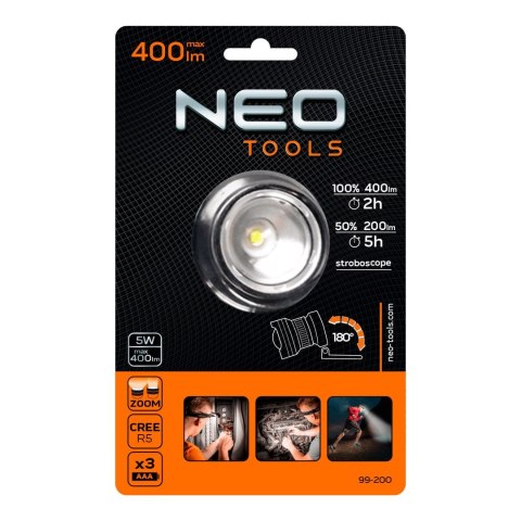 Latarka czołowa bateryjna 400 lm, zoom, CREE R5, 3 x AAA