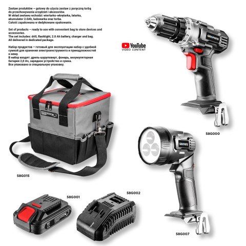 Zestaw Energy+: wiertarko-wkrętarka 18V, latarka, torba, akumulator 2.0Ah, ładowarka