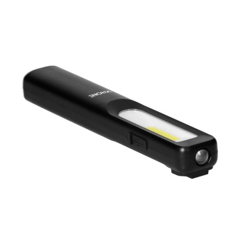 Latarka warsztatowa LED 3W 200lm + 50lm, 1200mAh, 3 tryby: 100%, 50%, dioda frontowa, magnes, klips