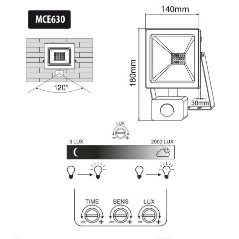 Naświetlacz LED z czujnikiem ruchu Maclean, slim 30W, 2400lm, barwa neutralna biała (4000K), IP44, MCE630 NW PIR
