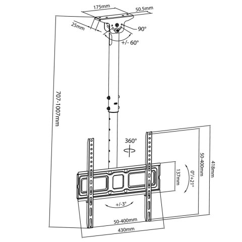 Uchwyt / wieszak sufitowy do telewizora Maclean, VESA 400x400, 32"-50", odległość od sufitu 717-1017mm, max 35kg, MC-943