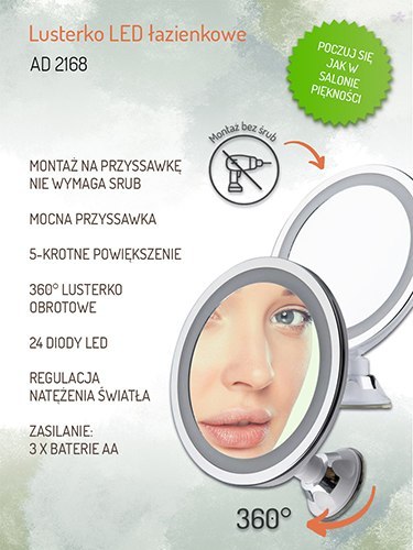 AD 2168 Lusterko led łazienkowe, 5x powiększenie, 24 diody led, regulacja natężenia światła