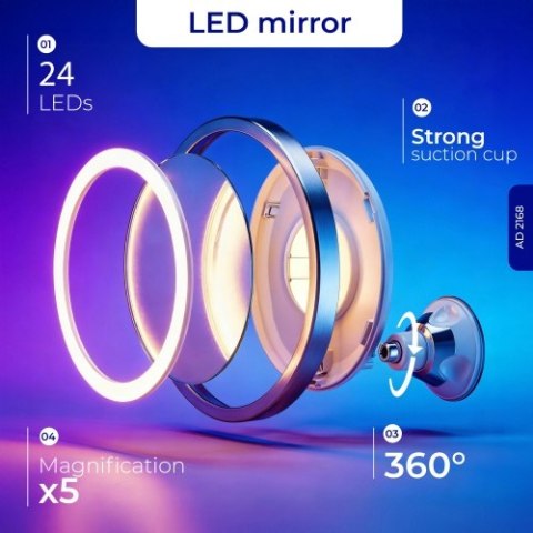 AD 2168 Lusterko led łazienkowe, 5x powiększenie, 24 diody led, regulacja natężenia światła