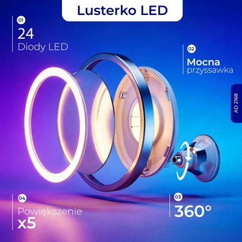 AD 2168 Lusterko led łazienkowe, 5x powiększenie, 24 diody led, regulacja natężenia światła