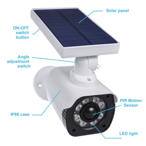 Solarna atrapa kamery, migająca dioda, czujnik ruchu, oświetlenie LED, naklejka gratis, SOL1800S/W