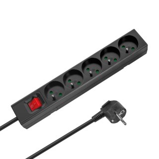 Przedłużacz 5 gniazd 5m typu francuskiego z przełącznikiem (3x1,5mm) Rebel czarny