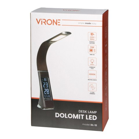 DOLOMIT LED 5W, lampka biurkowa z budzikiem, 300lm, 4000K, brązowa