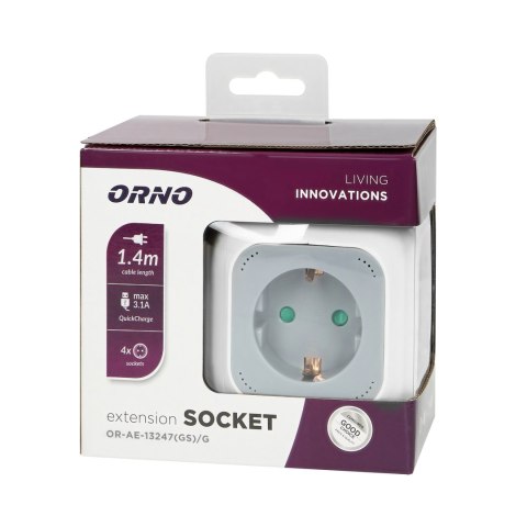 Przedłużacz 4x2P+Z (Schuko), ładowarka USB A+C, Quick charge, 1,4m H05VV-F 3x1,5mm-, szary