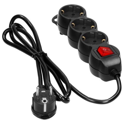 Przedłużacz 3-krotny 2P+Z (Schuko), z wyłącznikiem, 1,5m H05VV-F 3x1,5mm2, Imax=16A, płaska wtyczka, czarny
