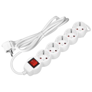 Przedłużacz 5-krotny 2P+Z (Schuko) z wyłącznikiem, 1,5m H05VV-F 3x1,5mm2, Imax=16A, płaska wtyczka, biały