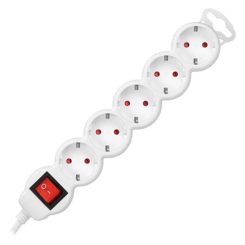 Przedłużacz 5-krotny 2P+Z (Schuko), z wyłącznikiem, 3m H05VV-F 3x1,5mm2, Imax=16A, płaska wtyczka, biały