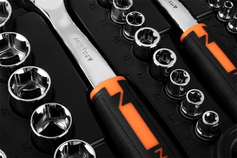 Zestaw kluczy nasadowych 1/2", 3/8", 1/4", 219 szt., CrV