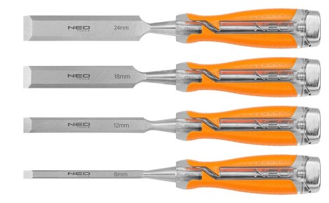 Dłuta 6, 12, 18, 24, zestaw 4 szt. Uchwyt dwukomponentowy. Pakowane w etui