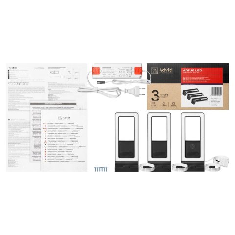 ARTUS zestaw 3 lamp podszafkowych LED, 3x3W, 3x225lm, 4000K, z włącznikiem dotykowym i USB, czarne