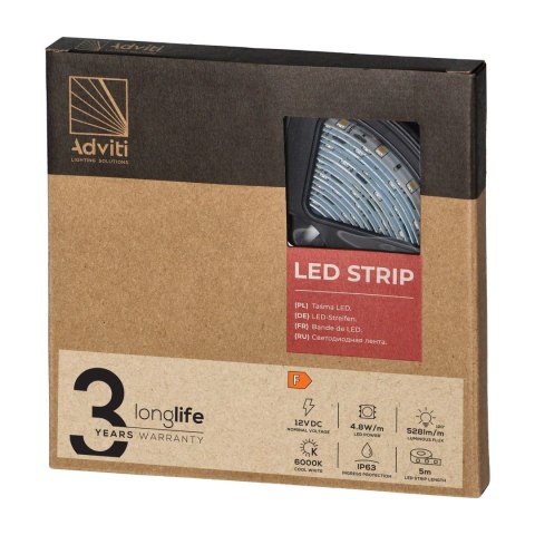Taśma LED 12V, 2835, 60L/m, 430lm/m, 4,8W/m, IP63, 6000K, 5m
