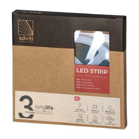 Taśma LED COB 12V, 480L/m, 850lm/m, 10W/m, IP20, 4000K, 5m