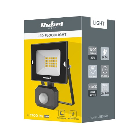 Reflektor LED naświetlacz Rebel 20W z sensorem zmierzchu i ruchu, 6500K, 230V