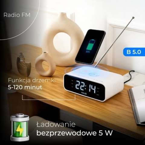AD 1192 white Radiobudzik z bezprzewodową ładowarką i fm