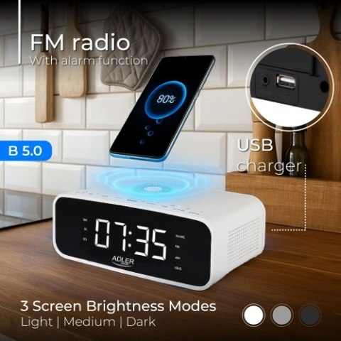 AD 1192 white Radiobudzik z bezprzewodową ładowarką i fm