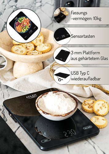 AD 3177 black Waga kuchenna 10kg ładowana przez usb