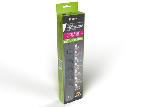 Listwa zasilająca antyprzepięciowa TRACER Power Line+ mobile ready 1.5 m (4 gniazda + 1x USB A+ 1x Type C, PD20W)