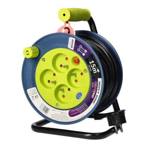 Przedłużacz bębnowy MINI, 4 gniazda 2P+Z, metalowy stojak, polwinit H05VV-F 3x1mm- , długość 15m, limonkowy
