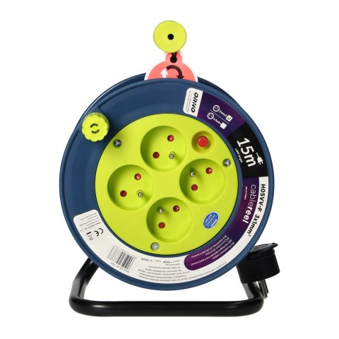 Przedłużacz bębnowy MINI, 4 gniazda 2P+Z, metalowy stojak, polwinit H05VV-F 3x1mm- , długość 15m, limonkowy
