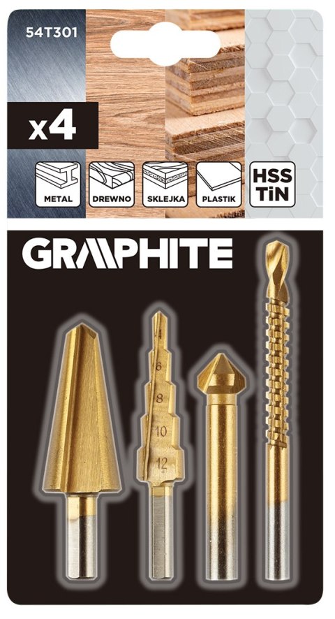 Wiertła stopniowe 4-12 mm, rozwiertak 12.4 mm, frezowiertło 6x90 mm, pogłębiacz stożkowy 8-20 mm TiN