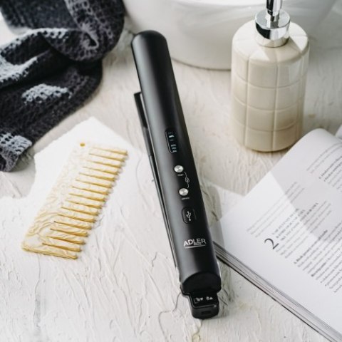 AD 2327 black Prostownica bezprzewodowa podróżna usb-c, ceramiczne płytki 22 x 90 mm, 3 temperatury 160/190/220°c, led, etui