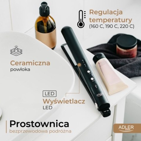AD 2327 black Prostownica bezprzewodowa podróżna usb-c, ceramiczne płytki 22 x 90 mm, 3 temperatury 160/190/220°c, led, etui