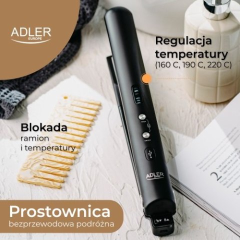 AD 2327 black Prostownica bezprzewodowa podróżna usb-c, ceramiczne płytki 22 x 90 mm, 3 temperatury 160/190/220°c, led, etui