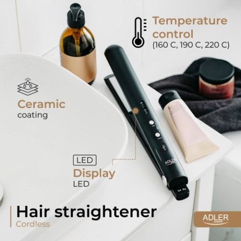 AD 2327 black Prostownica bezprzewodowa podróżna usb-c, ceramiczne płytki 22 x 90 mm, 3 temperatury 160/190/220°c, led, etui