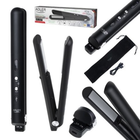 AD 2327 black Prostownica bezprzewodowa podróżna usb-c, ceramiczne płytki 22 x 90 mm, 3 temperatury 160/190/220°c, led, etui