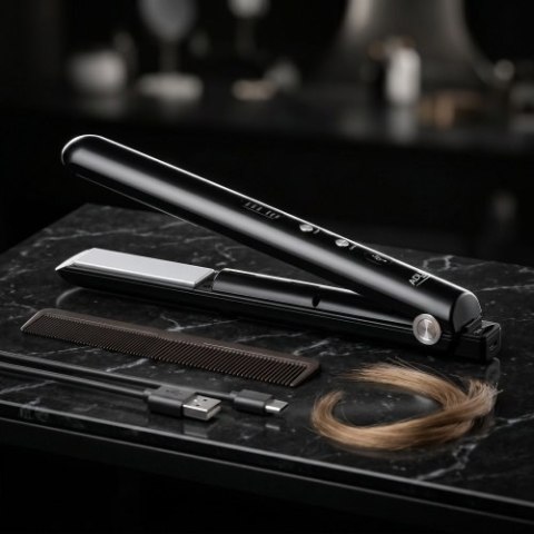AD 2327 black Prostownica bezprzewodowa podróżna usb-c, ceramiczne płytki 22 x 90 mm, 3 temperatury 160/190/220°c, led, etui