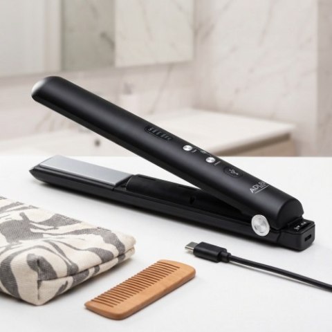 AD 2327 black Prostownica bezprzewodowa podróżna usb-c, ceramiczne płytki 22 x 90 mm, 3 temperatury 160/190/220°c, led, etui