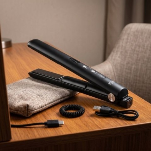 AD 2327 black Prostownica bezprzewodowa podróżna usb-c, ceramiczne płytki 22 x 90 mm, 3 temperatury 160/190/220°c, led, etui
